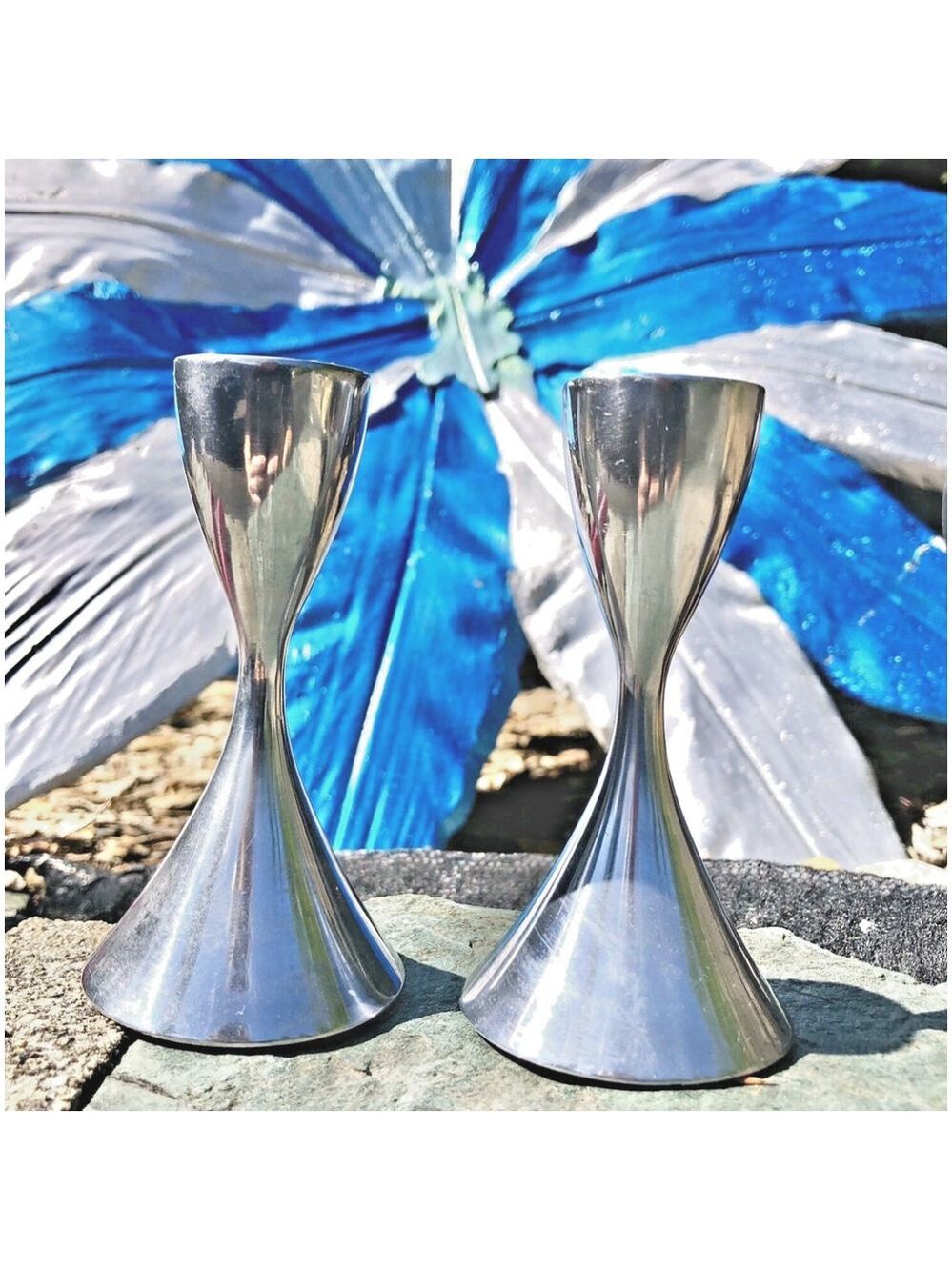 Vtg Pair Of Metal Umbra Candle Holders Candlestick Velvet Base MCM Style Sleek